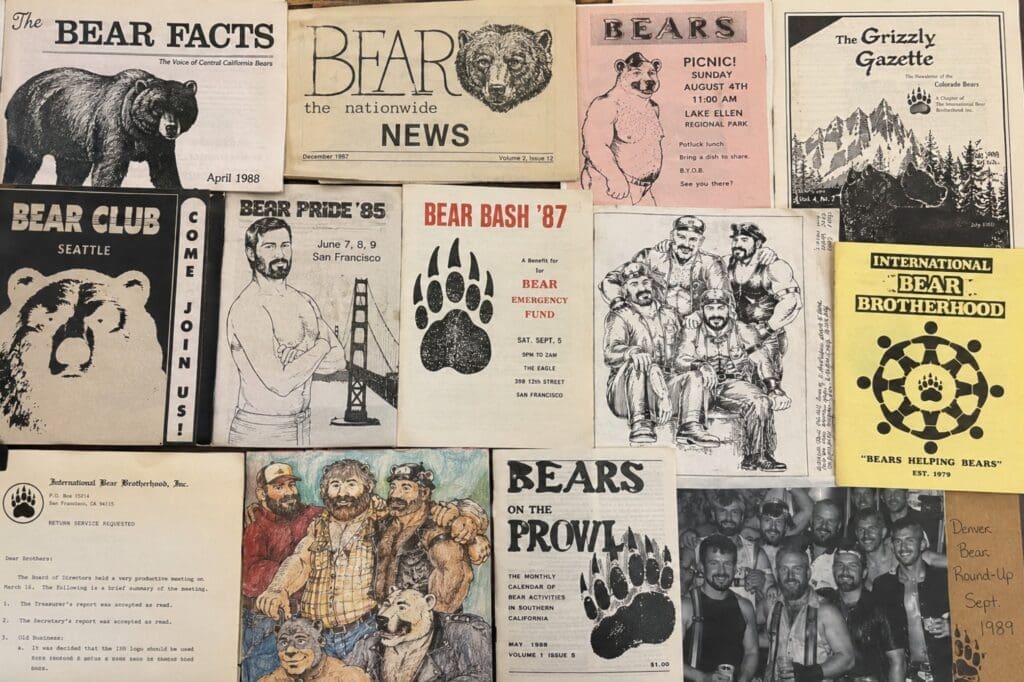 a scanned collage of early Bear newsletters, club flyers and community artwork, with appropriate archival permissions