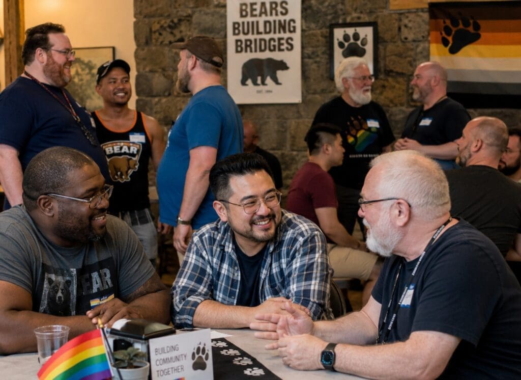an original photo of an inclusive, community-focused Bear event featuring different ages, body types and backgrounds