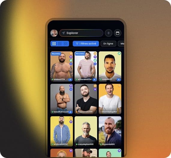 A smartphone screen displays the Bearwww gay dating app interface in “Explorer” mode. The grid layout shows profile pictures of various men with usernames underneath, including tags like “New” and online status icons. The interface includes filters and sort features, allowing users to view online profiles or newly registered members. The app’s sleek dark theme is contrasted with colorful profile cards, emphasizing diversity and personality. The background gradient blends warm yellow and brown hues, highlighting the phone and creating a welcoming, vibrant atmosphere.