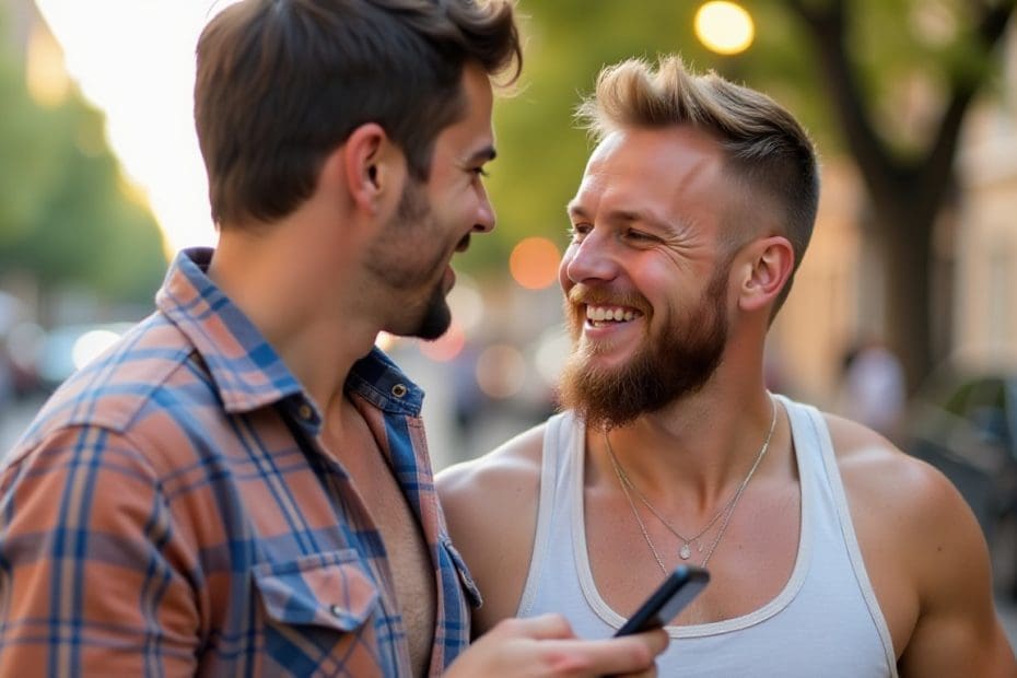 Hommes gays qui sourient avec un telephone a la main