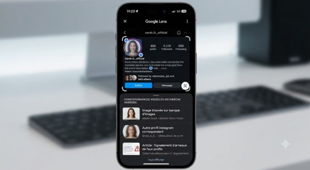 capture d’écran montrant comment utiliser Google Lens pour une recherche inversée depuis une photo de profil anonymisée