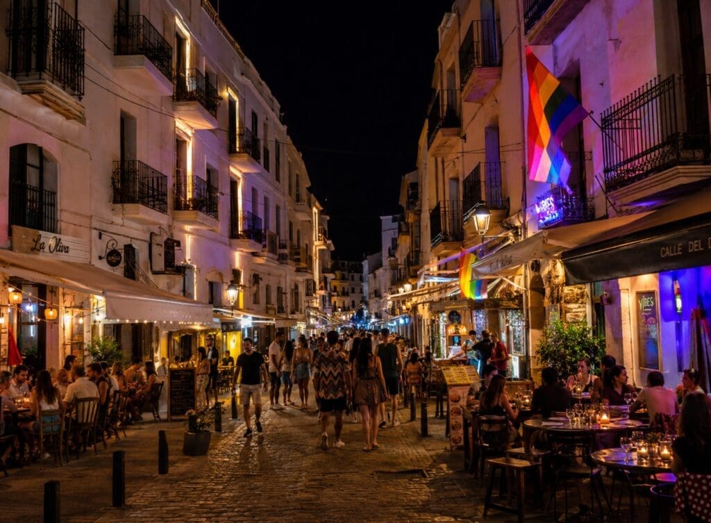 foto de alta calidad de la Calle de la Virgen de noche, con terrazas, luces y ambiente LGBTQ+, evitando primeros planos de personas sin consentimiento