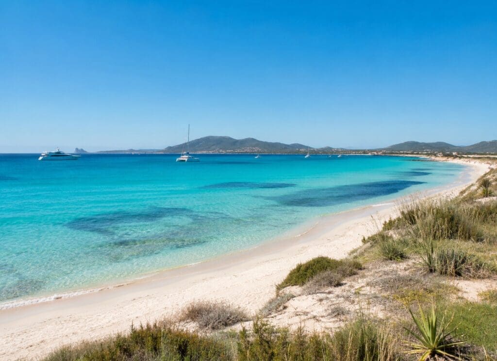 foto de alta calidad de la Playa de Es Cavallet, mostrando arena, dunas y mar turquesa, sin fotografiar personas desnudas o identificables