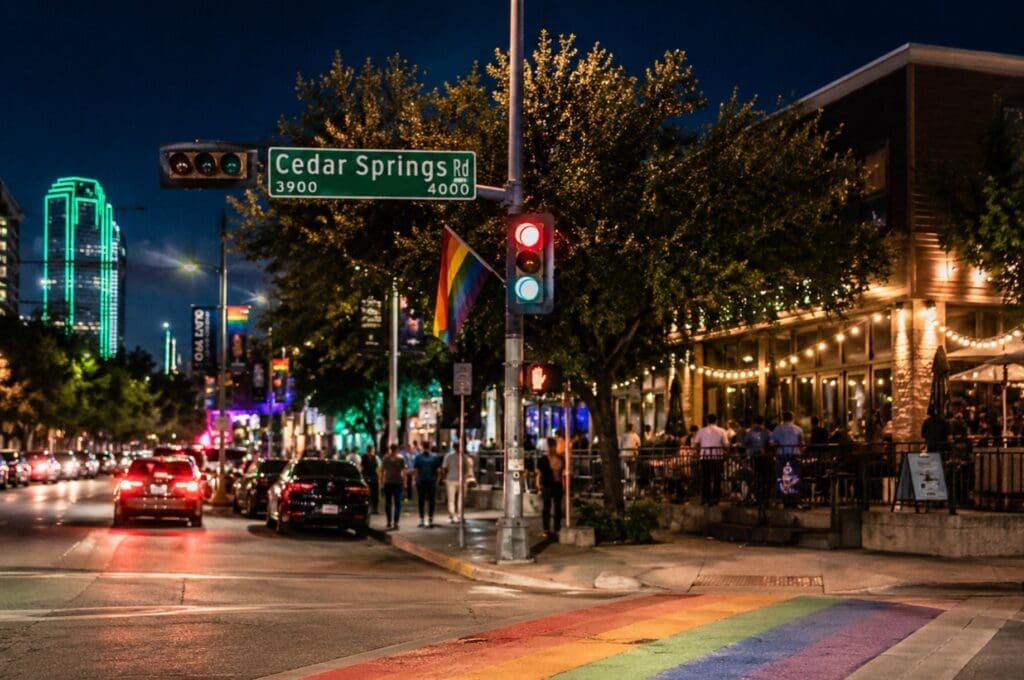 photo of Oak Lawn and Cedar Springs Road at night, showing the neighborhood atmosphere without exposing identifiable patrons