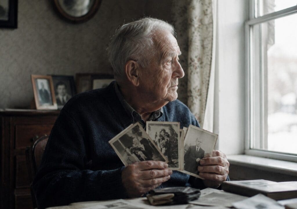 photographie documentaire d'archive : un homme plus âgé tenant dans ses mains des photographies jaunies d'amis disparus, regard dirigé vers la fenêtre