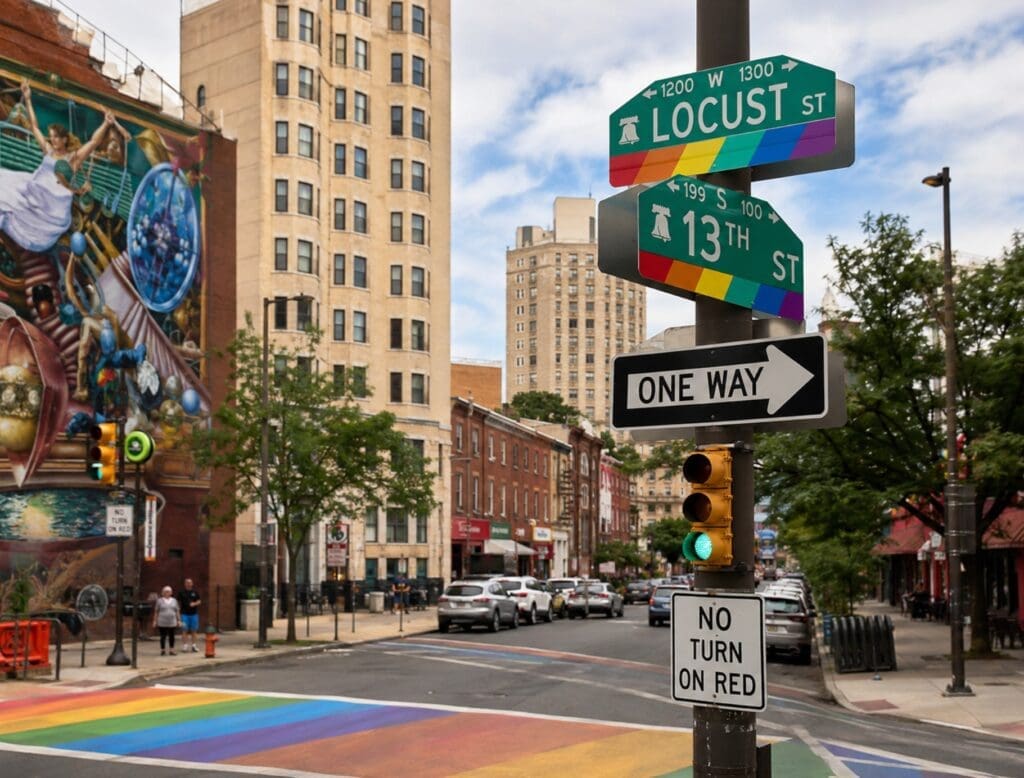 street photo of rainbow street signs near 13th and Locust in the Philadelphia Gayborhood