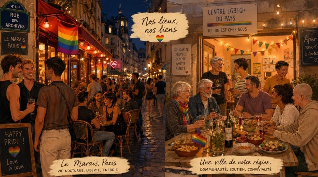 une illustration chaleureuse comparant une soirée au Marais et un apéro associatif en région