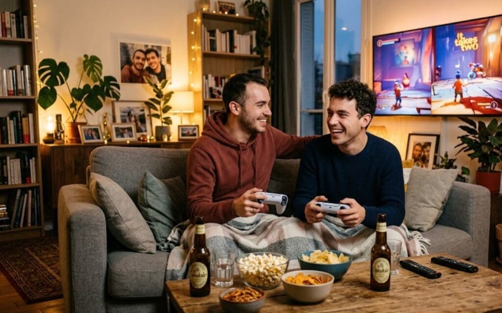 une image d’un couple gay jouant à un jeu coop sur canapé, avec snacks, manettes et ambiance détendue