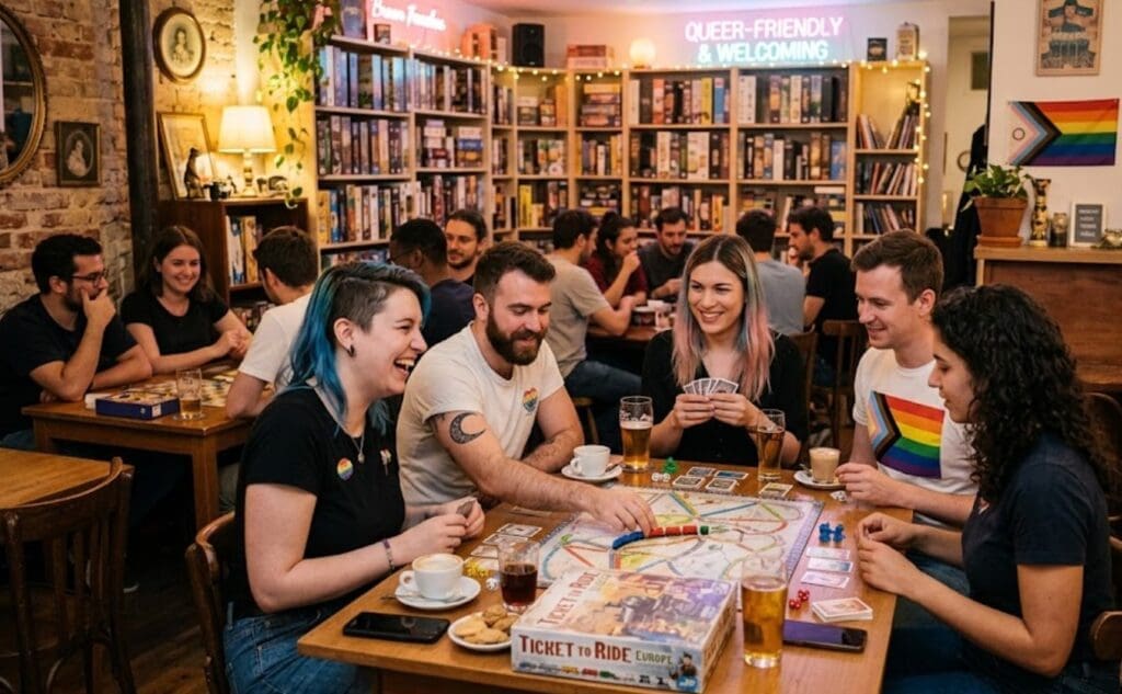 une photo d’un café gaming ou d’une soirée jeux de société queer-friendly, avec ambiance conviviale et tables de jeu