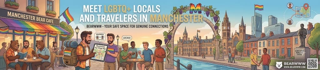 BEARWWW banner “Meet LGBTQ+ locals and travelers in Manchester”