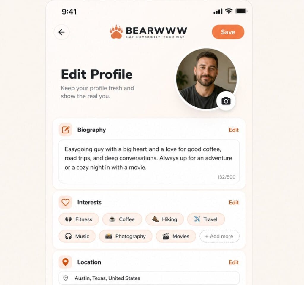 BEARWWW’s profile editor, highlighting biography, interests, location, and relationship goals