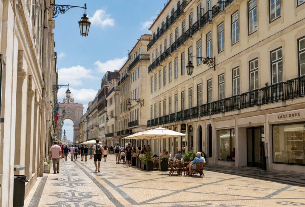 Baixa de Lisboa durante o dia, com rua pedonal, fachadas pombalinas e pessoas ao longe