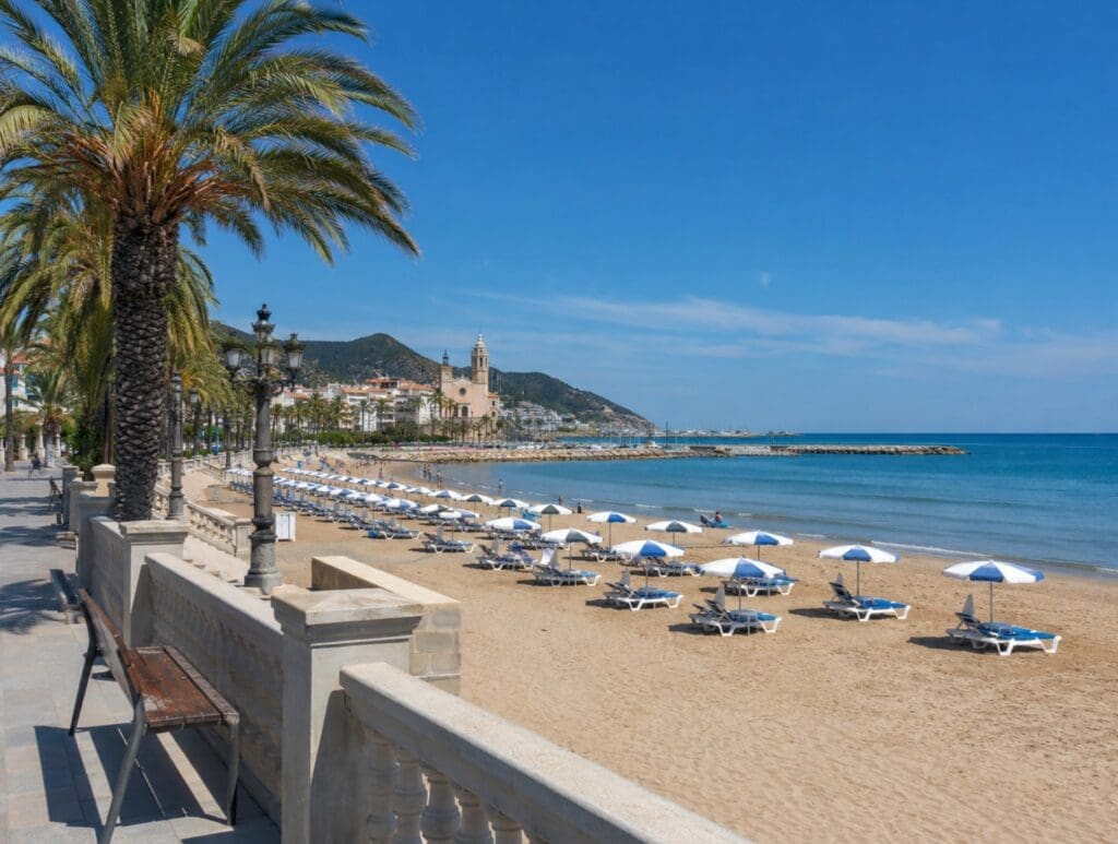Bassa Rodona vue depuis le Passeig Marítim, avec parasols et mer en arrière-plan