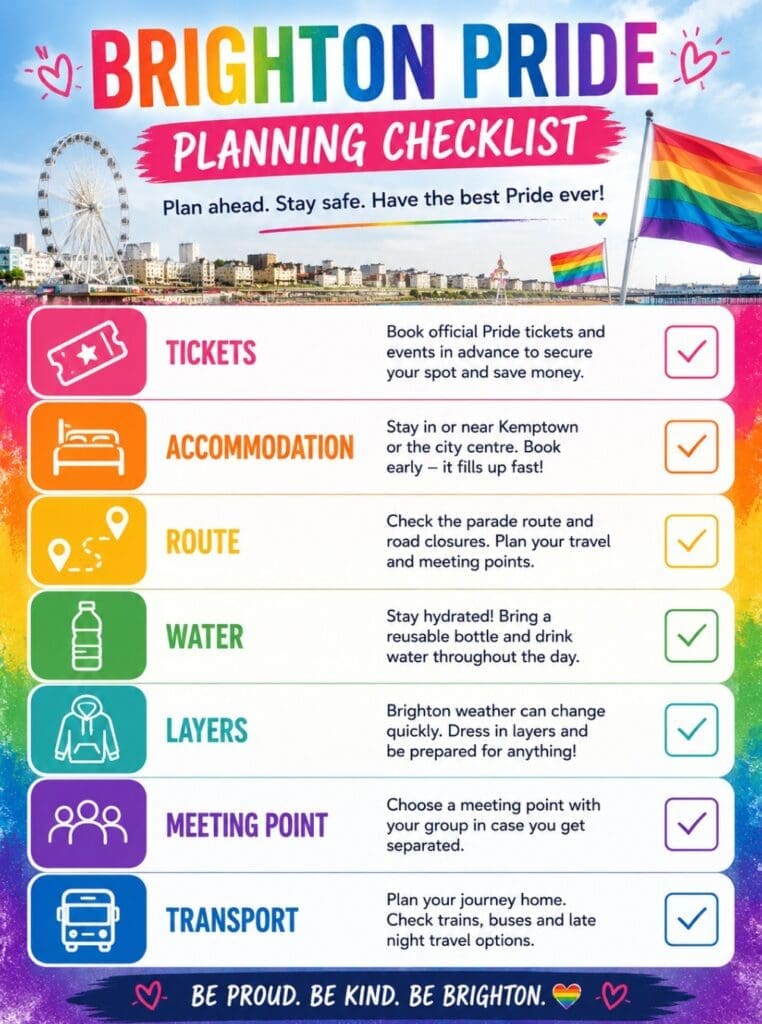 Brighton Pride planning checklist: tickets, accommodation, route, water, layers, meeting point, transport