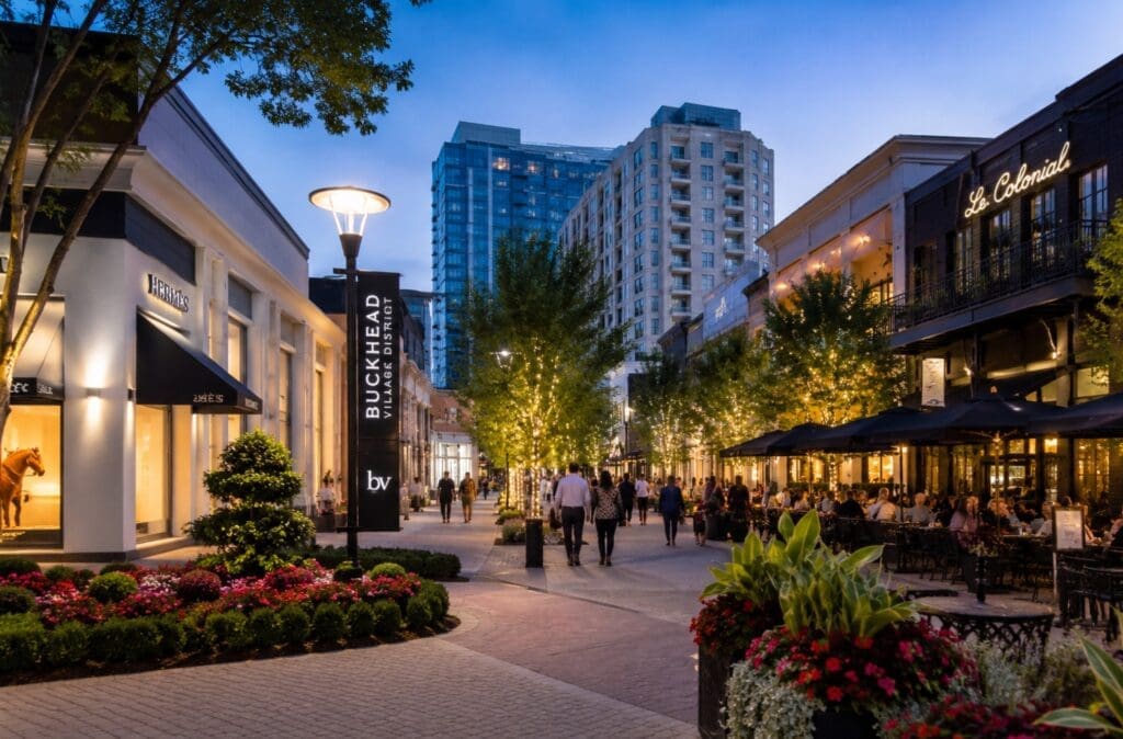 Buckhead Village District showing boutiques, landscaped pedestrian areas, outdoor dining, and contemporary architecture