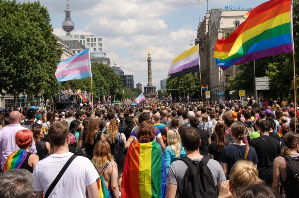 CSD Berlin, vue de dos, avec drapeaux, foule et architecture urbaine