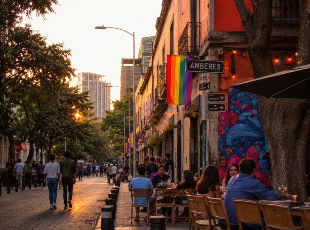 Calle Amberes al atardecer, con terrazas, peatones, arte urbano y banderas arcoíris (Ciudad de México)