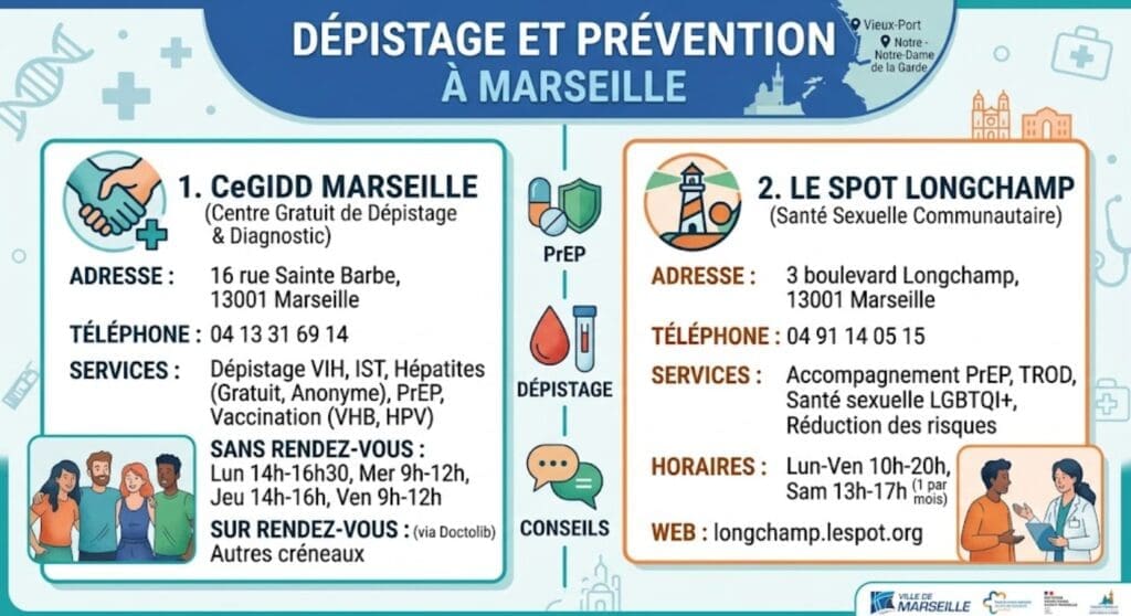 « Dépistage et prévention à Marseille » avec les coordonnées actualisées du CeGIDD et du Spot Longchamp