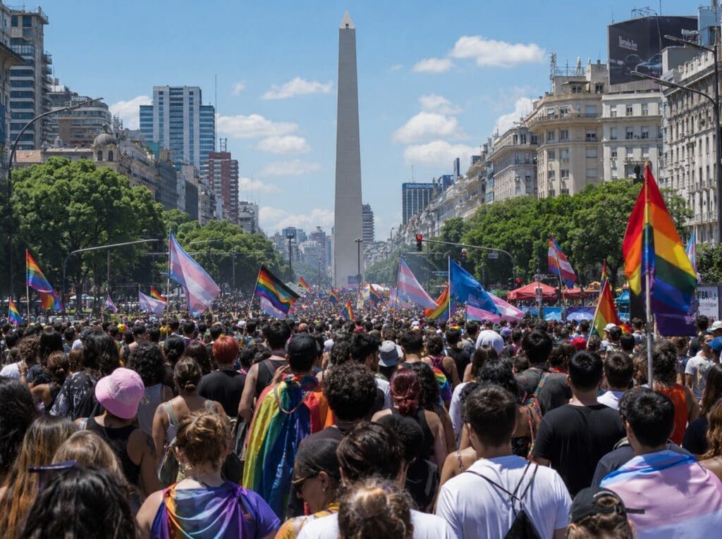 Marcha del Orgullo en Buenos Aires vista desde atrás, con banderas