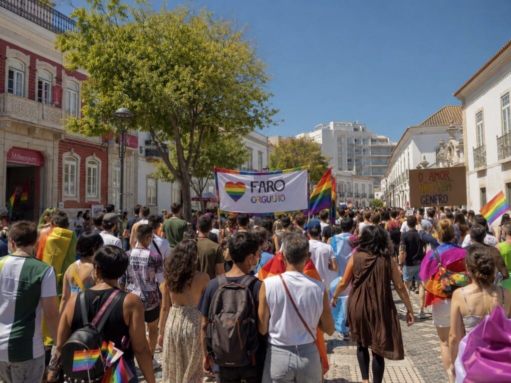 Marcha do Orgulho em Faro, vista de trás, com bandeiras e fachadas da cidade