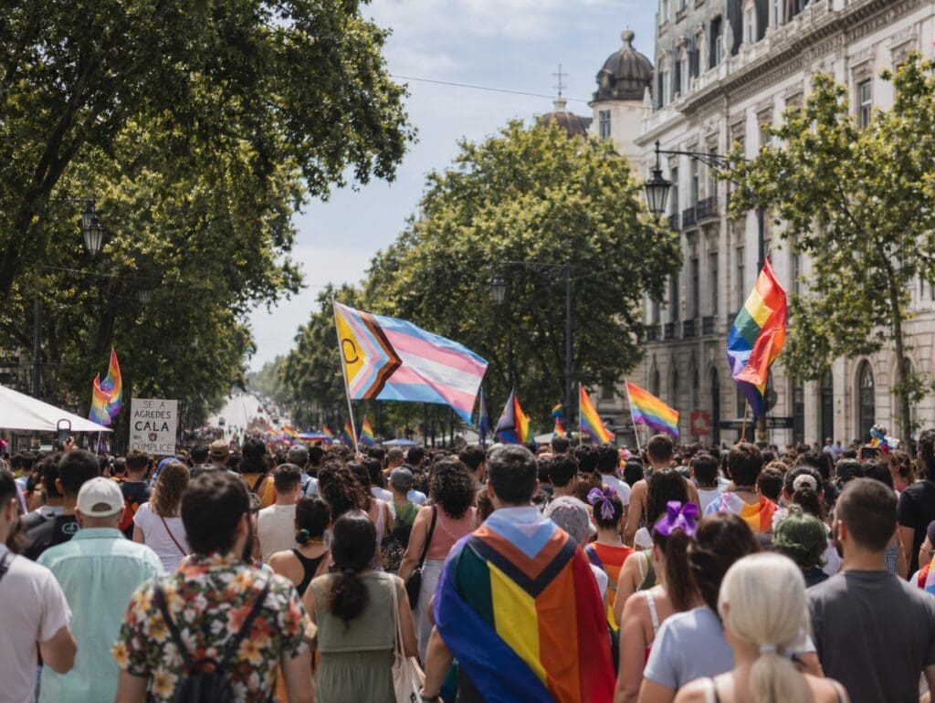 Marcha do Orgulho em Lisboa, vista de trás, com bandeiras e a Avenida da Liberdade ao fundo