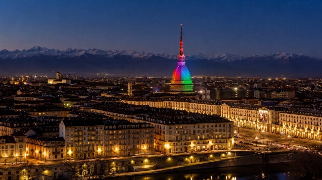 Mole Antonelliana illuminata con i colori arcobaleno, con Piazza Vittorio e le Alpi sullo sfondo