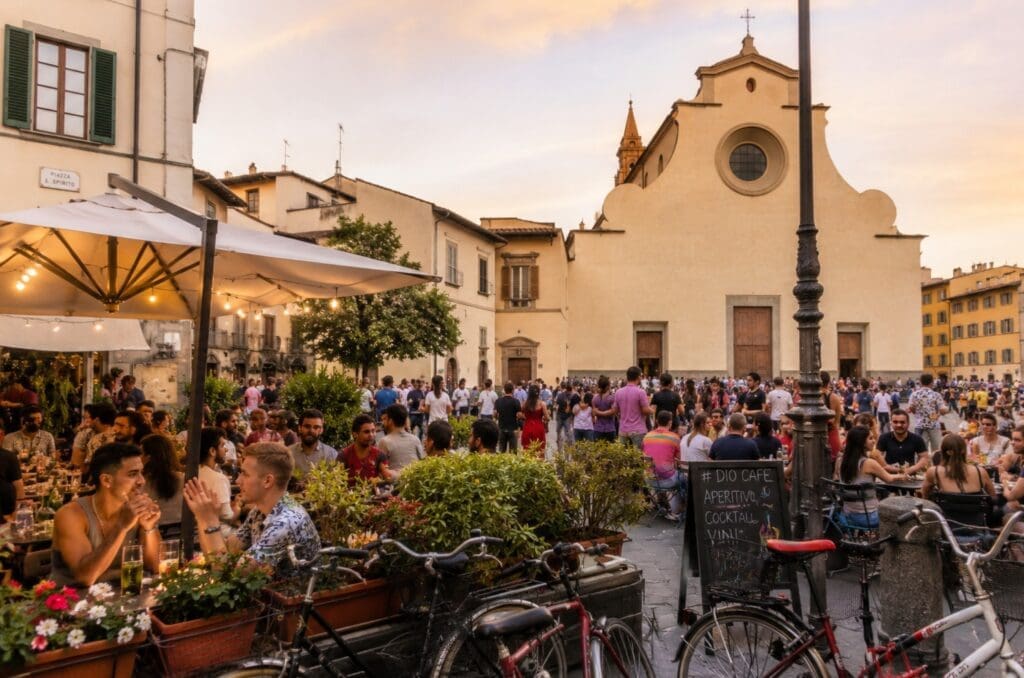 Piazza Santo Spirito durante l’aperitivo, con tavolini, biciclette e una folla inclusiva