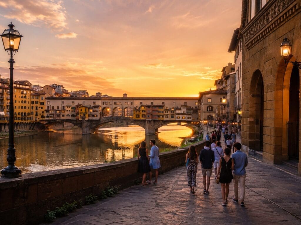 Ponte Vecchio al tramonto, con coppie e gruppi di amici lungo l’Arno