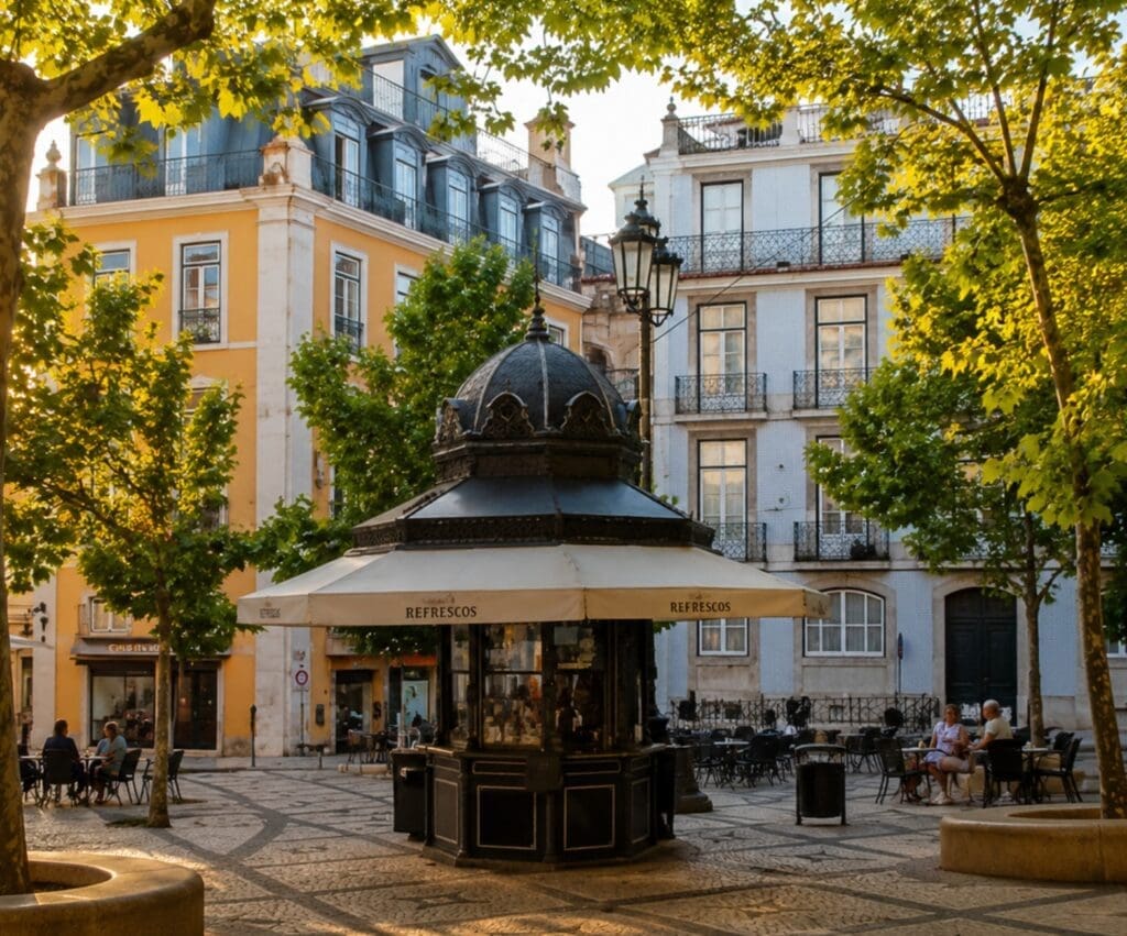 Praça do Príncipe Real ao fim da tarde, com quiosque, árvores e pessoas sentadas ao longe