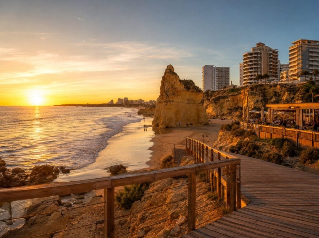 Praia da Rocha ao pôr-do-sol, com falésias, passadiço e esplanadas