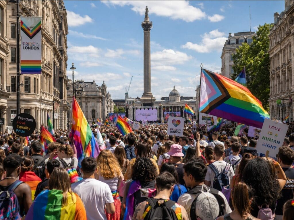 Pride in London vue depuis l’arrière de la foule avec drapeaux