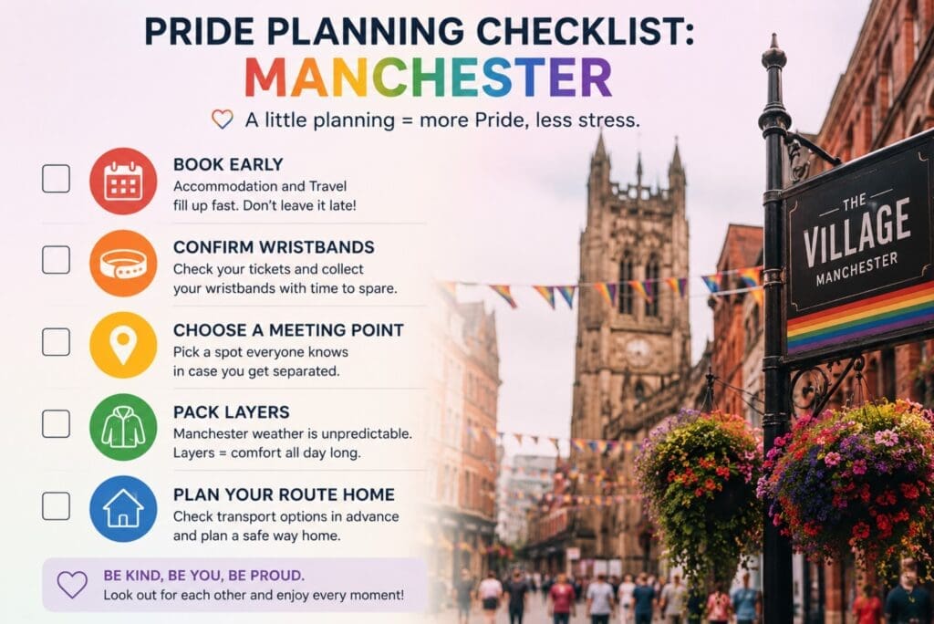 Pride planning checklist: “Book early, confirm wristbands, choose a meeting point, pack layers, plan your route home” (mancherster)