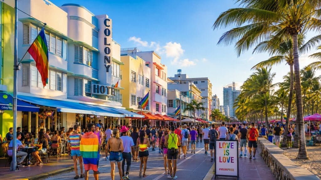 Pride planning image: rainbow flags, Ocean Drive, and a crowd shown from a respectful distance (Miami)
