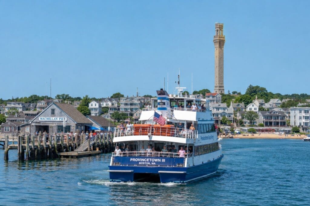Provincetown fast ferry approaching MacMillan Pier on a clear summer morning