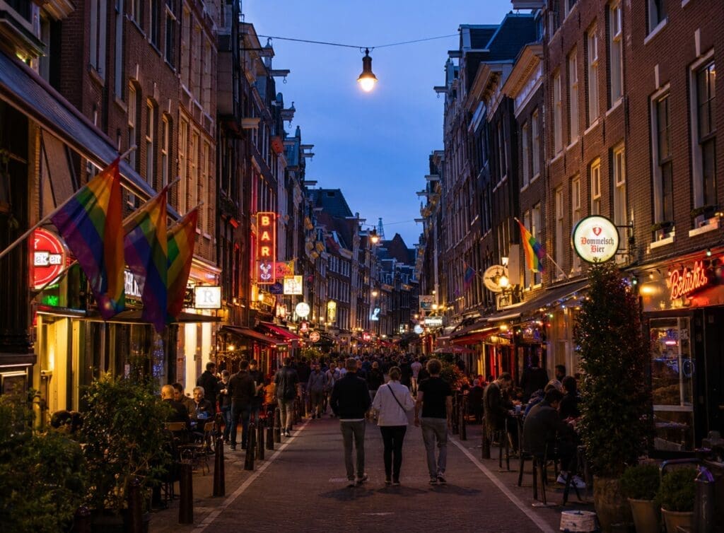 Reguliersdwarsstraat en début de soirée, avec enseignes lumineuses et passants vus de loin