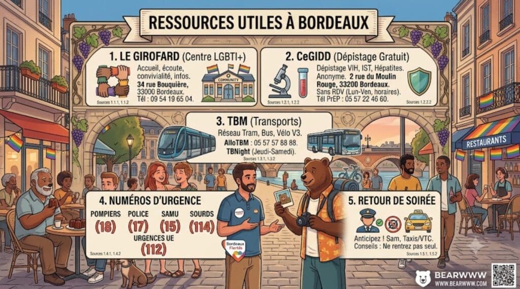Ressources utiles à Bordeaux Le Girofard, CeGIDD, TBM, numéros d’urgence, retour de soirée
