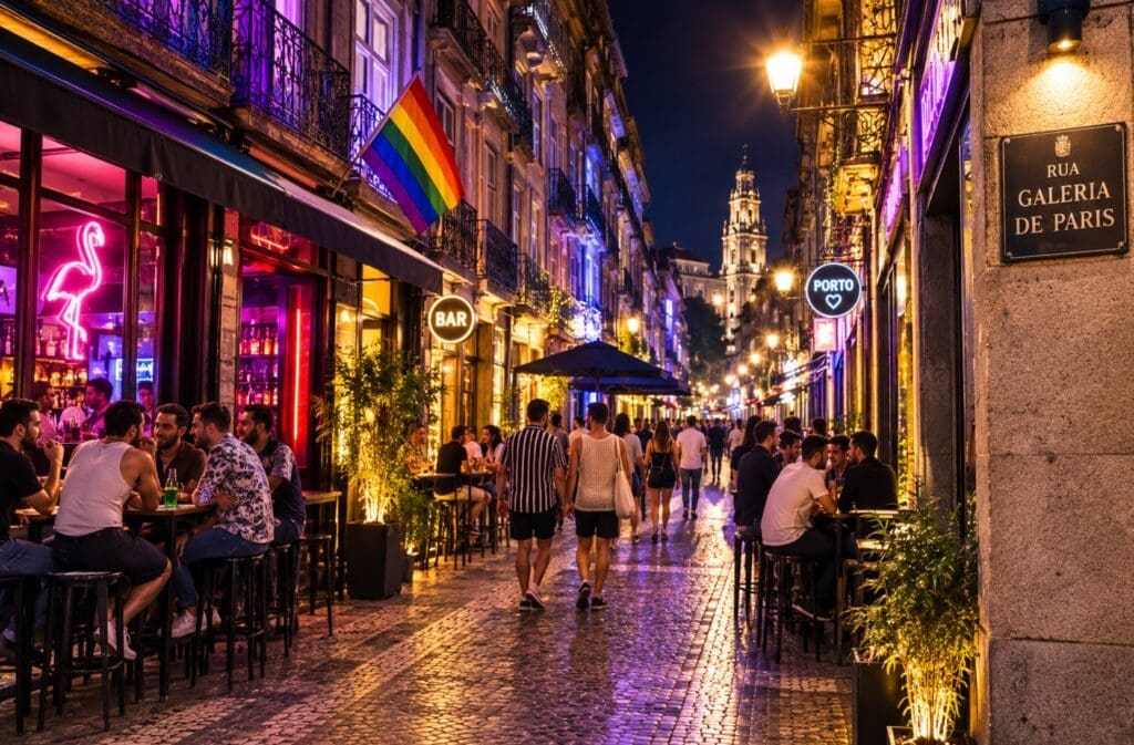 Rua Galeria de Paris à noite, com luzes de bares e pessoas vistas