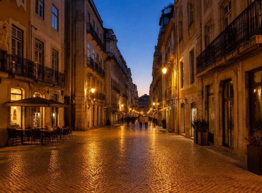 Rua da Palmeira ao início da noite, com fachadas lisboetas e luz quente, sem rostos reconhecíveis
