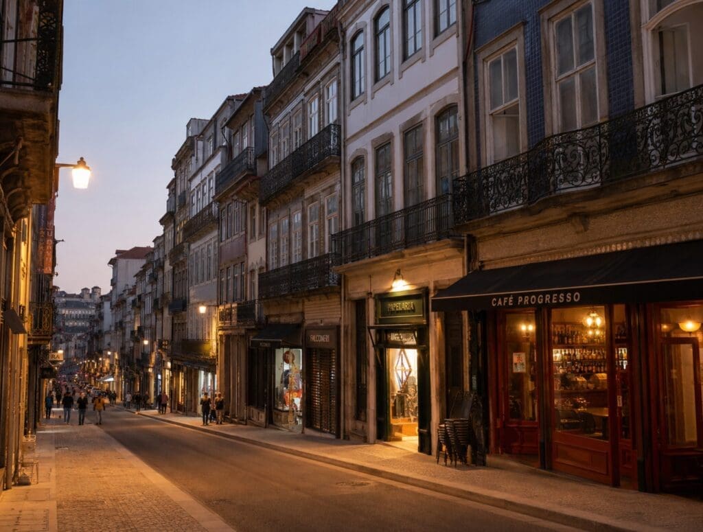 Rua de José Falcão ou de uma fachada urbana da Baixa do Porto ao anoitecer