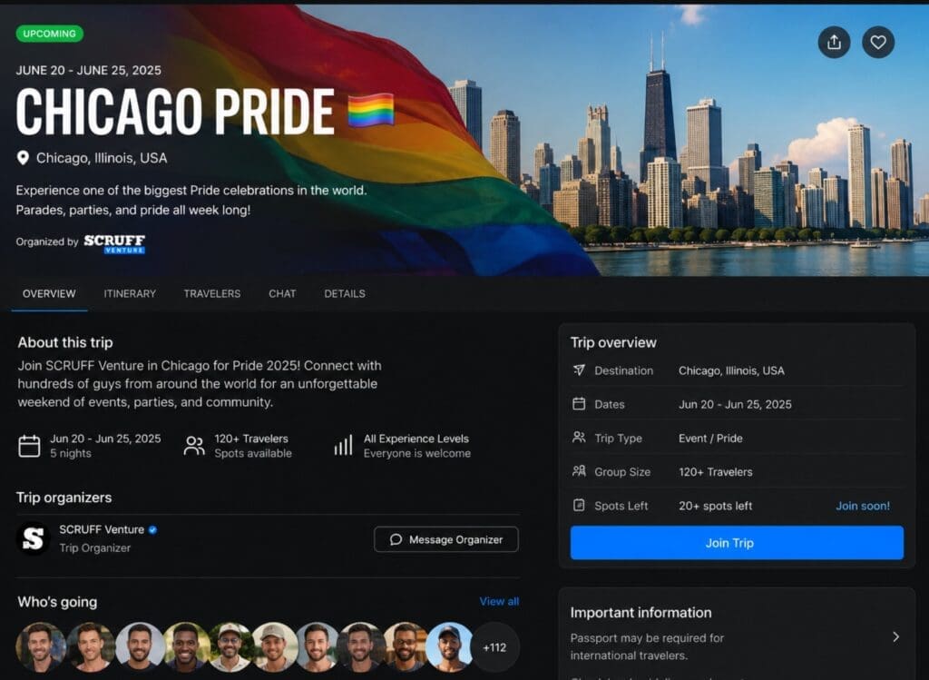 SCRUFF Venture showing a fictional upcoming trip to Chicago Pride