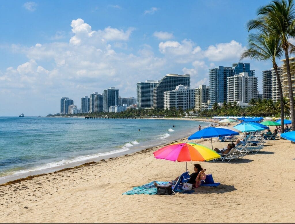 Sebastian Street Beach with colorful umbrellas, calm Atlantic water, and the Fort Lauderdale skyline