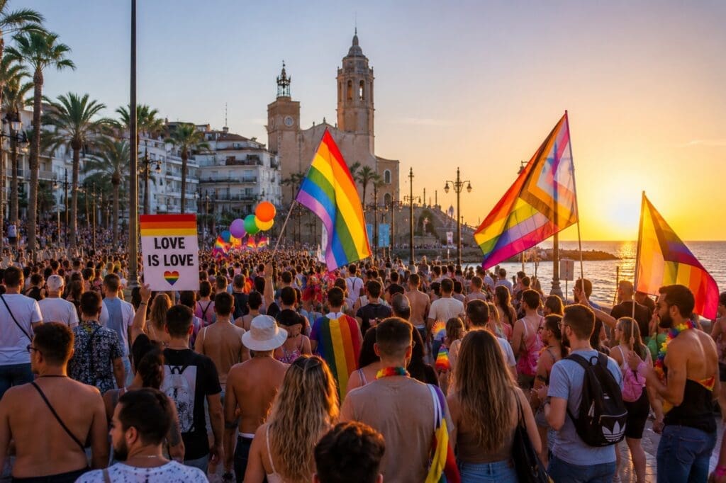 Sitges Pride vue de dos, avec drapeaux, front de mer et foule festive