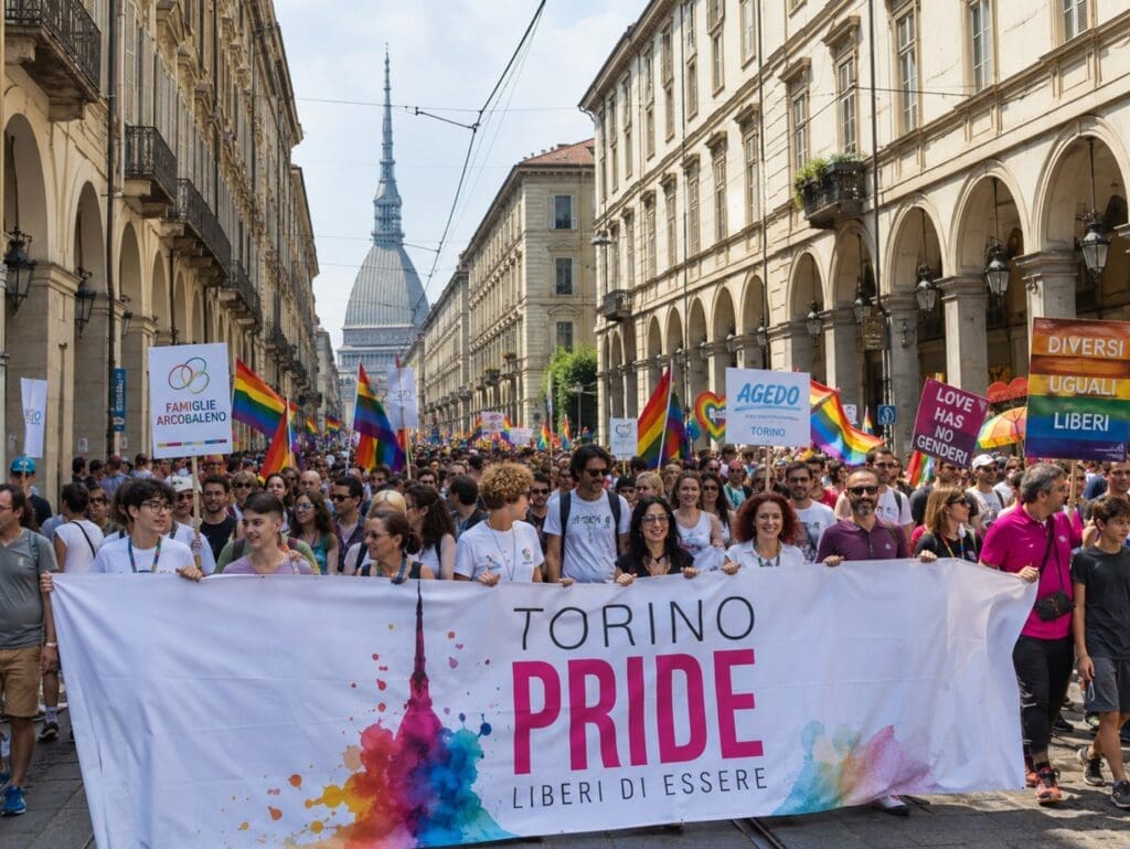 Torino Pride in via Po, con bandiere, famiglie, associazioni e la Mole Antonelliana visibile sullo sfondo