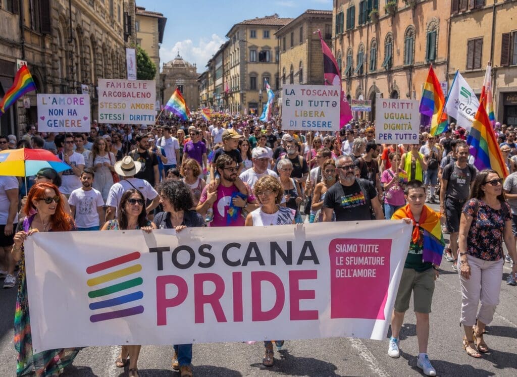 Toscana Pride con famiglie, associazioni, cartelli per i diritti e una folla multigenerazionale