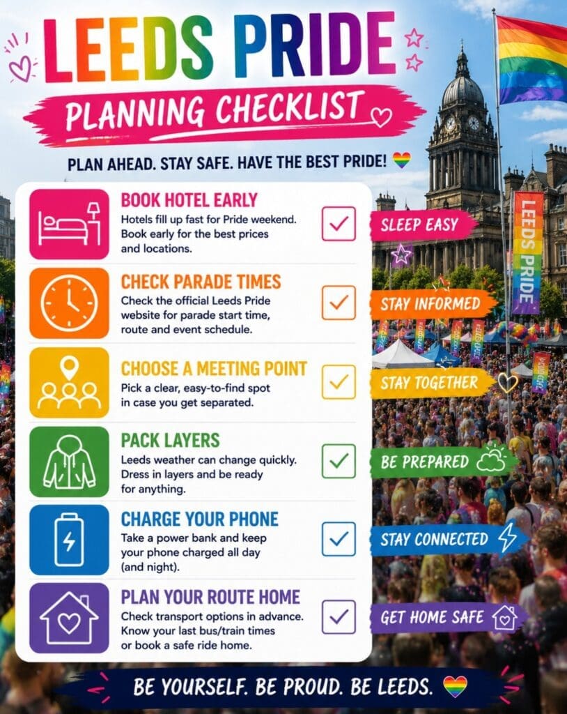 a Leeds Pride planning checklist: “book hotel early, check parade times, choose meeting point, pack layers, charge phone, plan route home”
