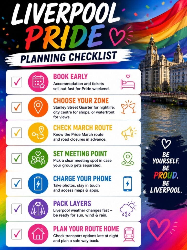 a Liverpool Pride planning checklist: “book early, choose your zone, check march route, set meeting point, charge phone, pack layers, plan route home”