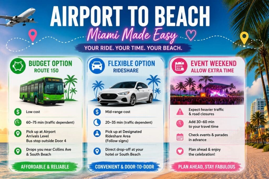 a airport-to-beach logistics graphic: “Budget option: Route 150 / Flexible option: rideshare / Event weekend: allow extra time”