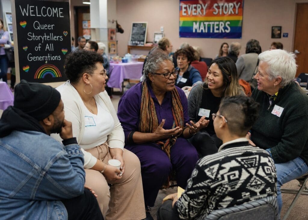 a candid photo of several generations of LGBTQ+ adults sharing stories at a community event