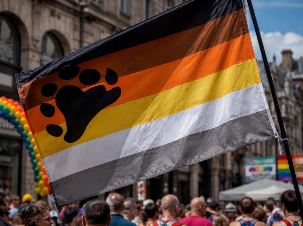 a close-up photograph of the International Bear Brotherhood Flag hanging at a UK Pride event