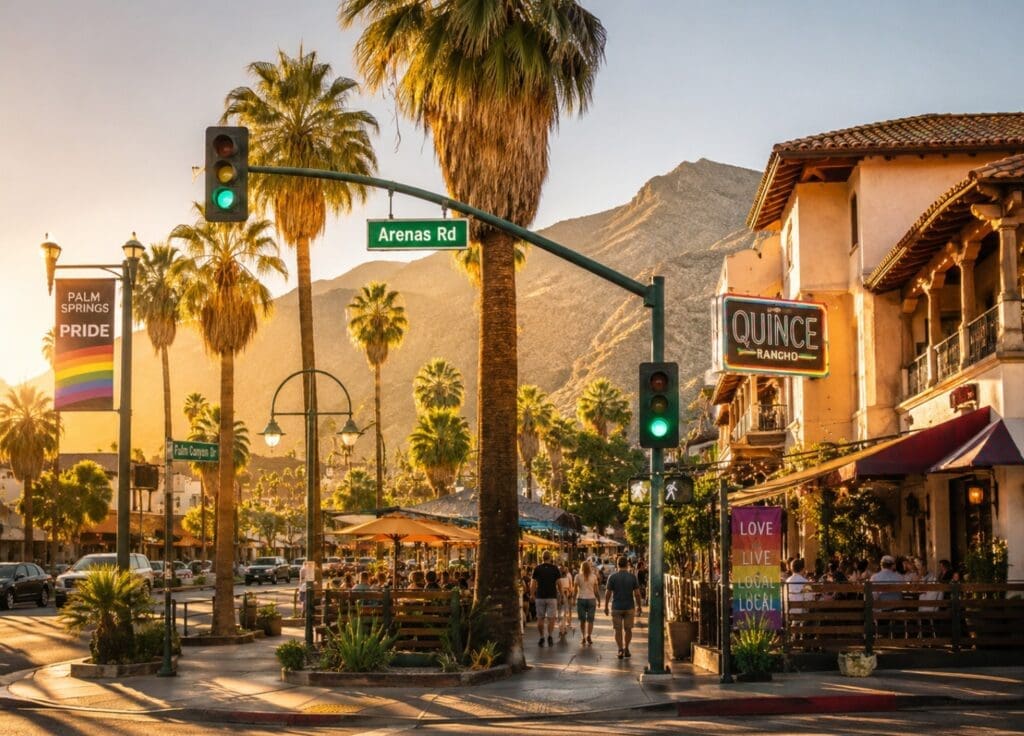 a golden-hour image of Arenas Road with palm trees and LGBTQ+ venue signs
